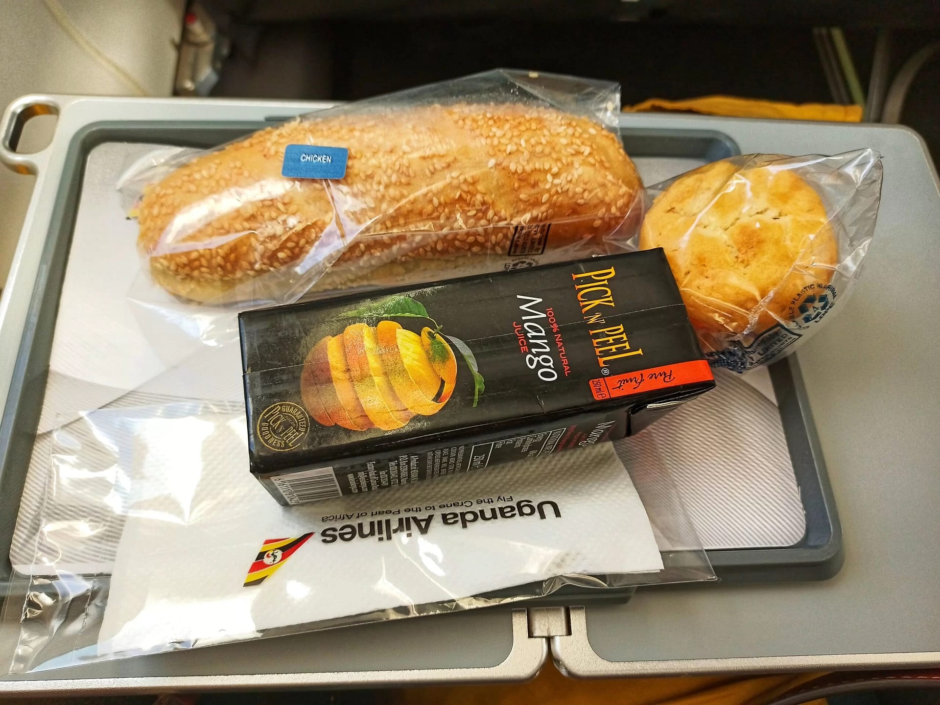 Photo of chicken sandwich, muffin and box juice on airline