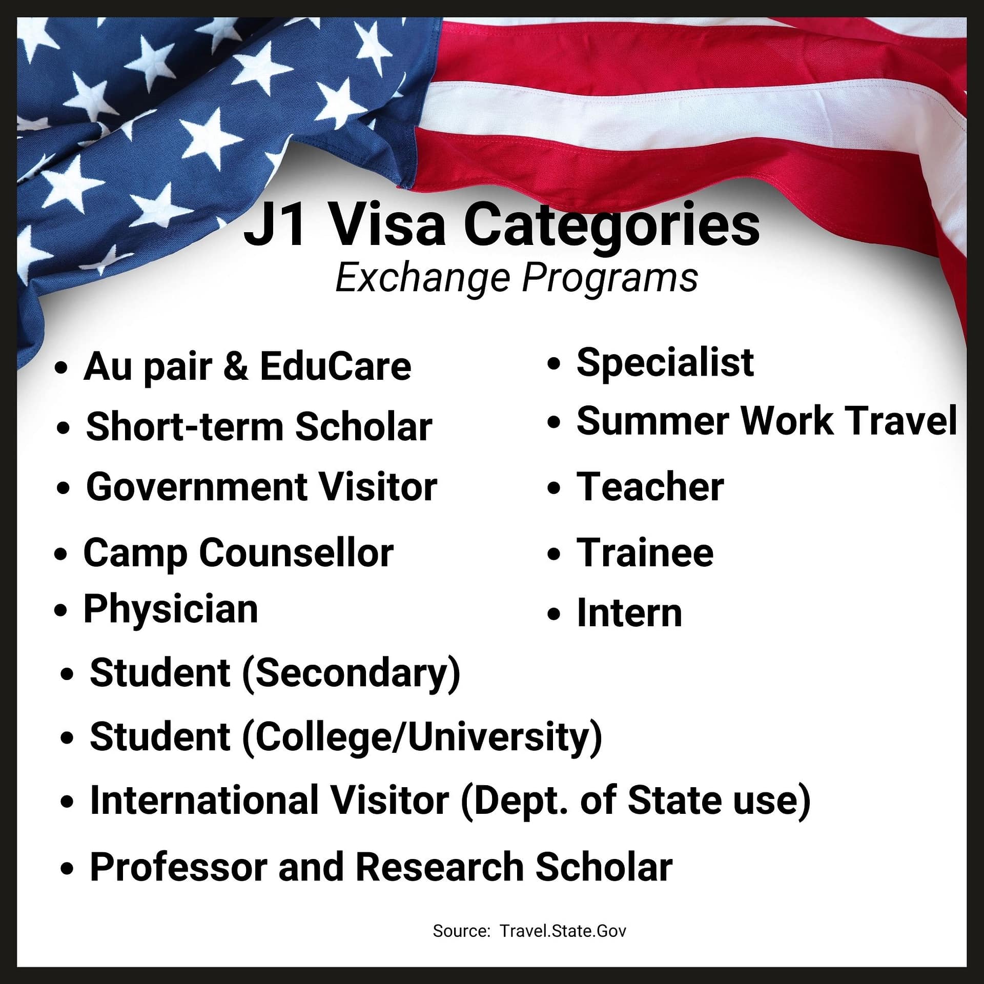 photo showing a list of J1 visa categories one of which is to teach in the us